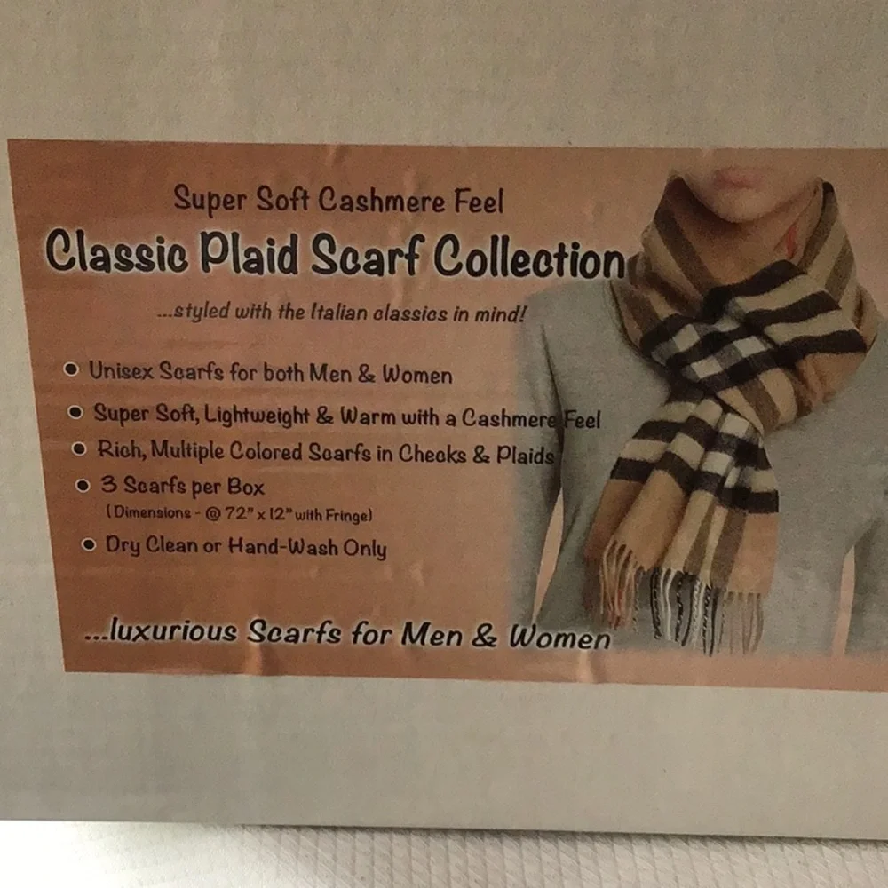 Scarves! Three-New in Box- Unisex.72x12” Cashmere Feel,Blk,Wht and aTan Plaid. - Picture 4 of 4